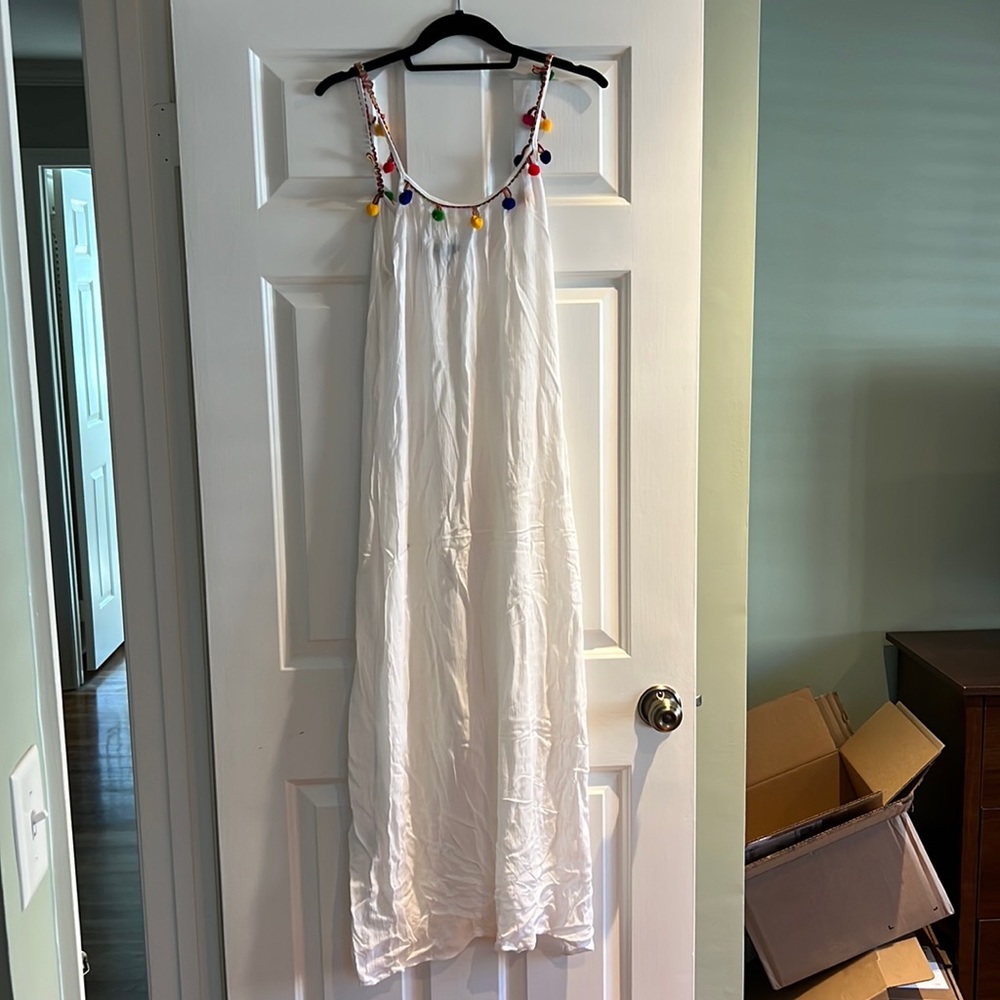 Akasa (Asos Brand) Beach Coverup w/ Rainbow Pom Pom Tassels on collar